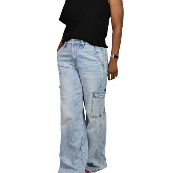 American Eagle High Waist Baggy Jeans Blue Wide Cargo Light Wash Cotton Blend 0 - Picture 15 of 16